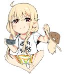 ahoge barefoot blonde_hair blush boyshorts chibi closed_mouth clothes_writing commentary_request futaba_anzu handheld_game_console holding idolmaster idolmaster_cinderella_girls indian_style korean korean_commentary long_hair looking_at_viewer low-tied_long_hair playstation_portable red_eyes shirt short_sleeves sitting smile solo translated tuxedo_de_cat very_long_hair whisker_markings white_shirt 