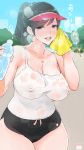  1girl :d black_eyes black_hair blush bottle breasts cameltoe cleavage covered_nipples day earrings huge_breasts jewelry looking_at_viewer mole mole_under_eye open_mouth original outdoors pink_crown ponytail shorts sleeveless smile solo_focus sweat teeth towel visor_cap water_bottle wet wet_clothes 