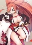  baiken breasts cleavage commentary_request facial_tattoo guilty_gear guilty_gear_xrd japanese_clothes katana kimono large_breasts obi one-eyed open_clothes open_kimono pink_hair ray-akila samurai sash scar scar_across_eye sheath sword tattoo thighs weapon 