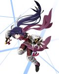  akatsuki_(log_horizon) belt black_footwear black_shorts elbow_gloves fingerless_gloves fishnet_gloves fishnets floating_hair full_body gloves holding holding_sword holding_weapon katana log_horizon long_hair looking_at_viewer official_art outstretched_arm ponytail purple_eyes purple_hair purple_scarf scarf shorts solo sword transparent_background very_long_hair weapon 