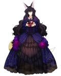  animal_ears black_hair box collarbone dress eyebrows_visible_through_hair flower fox_ears fox_tail full_body gift gift_box hair_between_eyes heart-shaped_box holding holding_box jewelry layered_dress log_horizon long_dress long_hair looking_at_viewer necklace nureha official_art purple_eyes purple_flower smile solo standing starry_sky_print tail transparent_background very_long_hair 