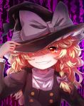 blonde_hair braid commentary_request grin hair_ribbon hand_on_headwear hat hat_over_one_eye highres kirisame_marisa long_hair looking_at_viewer orange_eyes ribbon smile solo teeth tigern touhou upper_body wavy_hair witch_hat yellow_eyes 