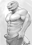  anthro clothed clothing greyscale humanoid_penis looking_at_viewer male monochrome muscular muscular_male open_mouth pecs penis rowf scalie standing uncut 