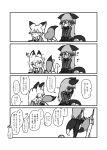  2girls 4koma animal_ears bow bowtie comic crying ears_down eyebrows_visible_through_hair ezo_red_fox_(kemono_friends) fox_ears fox_tail gloves gradient_hair greyscale highres holding_hands kemono_friends kotobuki_(tiny_life) looking_at_another monochrome multicolored_hair multiple_girls notice_lines pantyhose playing_games pleated_skirt pout silver_fox_(kemono_friends) sitting skirt sweatdrop tail tears translation_request 