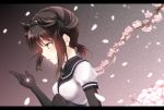  anchor_symbol black_headband black_sailor_collar blush breasts bright_pupils brown_hair cherry_blossoms clothes_writing flower from_side gradient gradient_background hachimaki hair_flaps hair_tie hand_on_own_chest hatsuzuki_(kantai_collection) headband highres kantai_collection letterboxed low_ponytail medium_hair nuka_(nvkka) parted_lips patterned_background petals pink_flower ponytail profile puffy_short_sleeves puffy_sleeves ringed_eyes sailor_collar school_uniform serafuku shirt short_sleeves sidelocks small_breasts solo underbust upper_body white_shirt yellow_eyes 