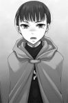  ayakura_juu cape crying crying_with_eyes_open elsa_schtingheim gradient gradient_background grey_background greyscale hood hooded looking_at_viewer monochrome novel_illustration official_art open_mouth short_hair solo spice_and_wolf standing tears upper_body 