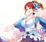  bangs blue_flower blue_rose blush breasts brown_eyes brown_hair choker cleavage deneb_(noble324) dress flower frilled_dress frills hair_flower hair_ornament idolmaster idolmaster_cinderella_girls large_breasts long_hair looking_at_viewer mifune_miyu open_hands open_mouth outstretched_arms palms petals ponytail rose shawl signature smile solo spread_arms white_dress 