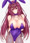  animal_ears black_legwear bow breasts bunny_ears bunny_girl bunny_tail bunnysuit cleavage covered_navel fake_animal_ears fate/grand_order fate_(series) highres huge_breasts long_hair pantyhose purple_hair red_eyes sankakusui scathach_(fate)_(all) scathach_(fate/grand_order) solo tail 
