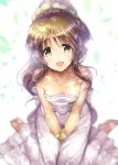  :d bangs bare_arms bare_shoulders barefoot between_legs blurry blush breasts collarbone dappled_sunlight depth_of_field dress eyebrows_visible_through_hair flower frilled_dress frills from_above hair_flower hair_ornament hand_between_legs head_tilt idolmaster idolmaster_cinderella_girls knees_together_feet_apart long_hair looking_at_viewer looking_up ment open_mouth own_hands_together ponytail shiny shiny_hair shiny_skin sidelocks simple_background sitting small_breasts smile solo strapless strapless_dress sunlight takamori_aiko tareme v_arms wariza white_background white_dress yellow_eyes 