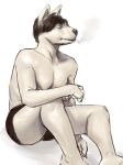  anthro canine cigarette clothed clothing colored_sketch hair male mammal rowf simple_background sitting smoke solo topless white_background 