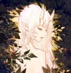  bangs half-closed_eyes horns leaf long_hair looking_down nude oni oni_horns original parted_lips pink_hair pointy_ears red_eyes rosette_(yankaixuan) solo upper_body yellow_sclera 