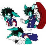  alternate_species black_hair cellphone clothing costume deku_(my_hero_academia) freckles gloves green_eyes green_hair hair kemono lagomorph male mammal midoriya_izuku my_hero_academia nervous phone pillow punching_bag rabbit raxkiyamato sketch tired training 