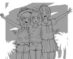  beanie braid flower greyscale hat hat_flower lillie_(pokemon) long_hair mizuki_(pokemon) monochrome multiple_girls notori_d open_mouth outstretched_arm pokemon pokemon_(game) pokemon_sm pokemon_usum shirt short_hair short_sleeves shorts skirt sun_hat tank_top tied_shirt twin_braids v 