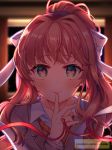  bangs blazer blurry blurry_background blush bow brown_hair brown_jacket classroom closed_mouth collarbone collared_shirt curtains deviantart_username doki_doki_literature_club eyebrows_visible_through_hair finger_to_mouth green_eyes hair_bow hair_intakes hair_ribbon heart heart-shaped_pupils highres index_finger_raised indoors jacket kuatakeru light_particles long_hair long_sleeves looking_at_viewer monika_(doki_doki_literature_club) orange_sweater ponytail red_string ribbon school_uniform shirt sidelocks smile solo string sweater symbol-shaped_pupils upper_body visible_ears watermark white_ribbon white_shirt window wing_collar 