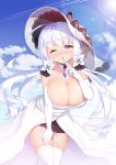 ahoge azur_lane bad_id bad_pixiv_id bangs blue_eyes blue_sky blunt_bangs blush breasts choker cleavage cloud commentary cowboy_shot day dress elbow_gloves eyebrows_visible_through_hair floating_hair gloves hair_ornament hair_ribbon half-closed_eye hand_on_own_leg hat illustrious_(azur_lane) index_finger_raised jewelry large_breasts leaning_forward light_particles light_rays long_hair looking_at_viewer low_twintails mole mole_under_eye one_eye_closed pendant ribbon sapphire_(stone) sidelocks skindentation sky smile solo sparkle sun sun_hat sweat sweatdrop thighhighs tress_ribbon twintails white_dress white_gloves white_hair white_hat white_legwear yuruto 