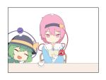 2girls :d ^_^ ^o^ bangs black_border black_hairband black_hat blue_shirt book border closed_eyes comic cup eyebrows_visible_through_hair frilled_shirt_collar frilled_sleeves frills green_hair hair_ornament hairband hat hat_ribbon heart heart_hair_ornament holding holding_book komeiji_koishi komeiji_satori long_sleeves multiple_girls open_book open_mouth orange_ribbon pink_eyes pink_hair reading ribbon ribbon-trimmed_collar ribbon_trim saryuu_(iriomote) shirt short_hair siblings silent_comic simple_background sisters smile solo_focus string table teacup third_eye touhou upper_body white_background 