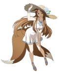  animal_ears arm_up blue_flower bracelet brown_hair collarbone dress floating_hair flower fox_ears fox_tail full_body green_eyes grey_hat hand_on_lap hat hat_flower jewelry layered_dress leaning_forward log_horizon long_hair looking_at_viewer multiple_tails official_art short_dress sleeveless sleeveless_dress solo straw_hat sun_hat sundress sylvia_(log_horizon) tail transparent_background two_tails very_long_hair white_dress 