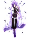  black_dress black_feathers boots breasts dress full_body glasses grey_eyes grin hair_over_one_eye holding holding_weapon indicus log_horizon long_dress looking_at_viewer medium_breasts official_art purple_footwear purple_hair rimless_eyewear short_hair smile solo standing transparent_background weapon 