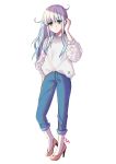  absurdres blue_eyes blush casual closed_mouth commentary_request denim eyebrows_visible_through_hair hair_between_eyes hibiki_(kantai_collection) highres jeans kantai_collection long_hair long_sleeves looking_at_viewer pants shirt shoes silver_hair simple_background solo tsuchihara_ai white_background 