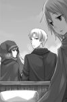  2boys ayakura_juu cape craft_lawrence eyebrows_visible_through_hair from_behind greyscale hair_between_eyes holo hood hooded horse looking_back looking_down monochrome multiple_boys novel_illustration official_art outdoors parted_lips sitting spice_and_wolf tote_col upper_body 