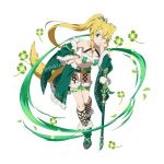  ;) animal_ears belt blonde_hair braid breasts chin_rest choker cleavage clover_(flower) collarbone detached_sleeves dog_ears dog_tail flower full_body fur_trim green_eyes green_footwear hair_between_eyes hair_ribbon hand_on_hip high_ponytail large_breasts leafa leaning_forward long_hair looking_at_viewer micro_shorts midriff navel official_art one_eye_closed ribbon shorts sidelocks simple_background smile solo staff stomach sword_art_online sword_art_online:_code_register sword_art_online:_memory_defrag tail thigh_strap twin_braids very_long_hair white_background white_ribbon 