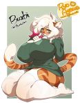  2018 anthro big_breasts breasts buxbi_(character) cleavage cleavage_cutout clothed clothing digital_media_(artwork) feline female hair huge_breasts legwear looking_at_viewer mammal ryo_agawa solo stripes thick_thighs tiger white_hair yellow_eyes 