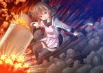  anchor_symbol apron black_legwear brown_eyes brown_hair explosion folded_ponytail holding holding_spoon inazuma_(kantai_collection) kantai_collection long_sleeves open_mouth pleated_skirt pot school_uniform serafuku skirt solo spoon standing thighhighs yatsu_seisakusho 