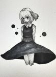  absurdres arms_behind_back bangs blush bow commentary_request cropped_legs empty_eyes eyebrows_visible_through_hair greyscale hair_bow highres looking_at_viewer mashimashi monochrome open_mouth rumia short_hair skirt solo touhou traditional_media 