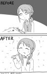  2koma bangs before_and_after closed_eyes comic copy_machine empty_eyes expressionless greyscale happy highres idolmaster idolmaster_cinderella_girls kindergarten_uniform mifune_miyu monochrome multiple_views name_tag ponytail shirt simple_background smile spoon toyochin twintails vest 