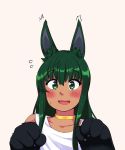  1girl :d alternate_costume anubis_(monster_girl_encyclopedia) blush choker commission dress embarrassed eyebrows_visible_through_hair flying_sweatdrops green_eyes green_hair hands_up highres ignacio_penailillo looking_at_viewer monster_girl monster_girl_encyclopedia open_mouth paws simple_background smile solo sweatdrop upper_body white_dress yellow_background 