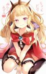  black_footwear black_legwear blonde_hair boots cagliostro_(granblue_fantasy) cape commentary granblue_fantasy hairband highres long_hair looking_at_viewer pomu_(pomu_me) purple_eyes red_skirt skirt solo thighhighs tiara translated 
