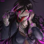  absurdres artist_name black_hair danganronpa danganronpa_1 genocider_shou glasses highres holding holding_scissors long_hair looking_at_viewer purple_blood ragecndy red_eyes school_uniform scissors serafuku skirt smile solo spoilers tongue tongue_out upper_body 