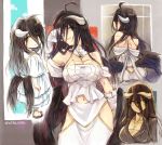  ahoge albedo alternate_costume bare_shoulders black_hair black_wings breasts commentary demon_girl demon_horns demon_wings dress feathered_wings feathers gloves hair_between_eyes highres hip_vent horns large_breasts long_hair looking_at_viewer low_wings multiple_views overlord_(maruyama) slit_pupils user_xgpy8228 white_dress white_gloves wings yellow_eyes younger 