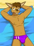  anthro beach bulge clothed clothing fuze hi_res lagomorph lying male mammal on_back on_towel pose rabbit sand seaside simple_background skimpy solo speedo swimsuit topless towel 