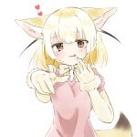  :3 :p animal_ears blonde_hair bow bowtie brown_eyes commentary_request elbow_gloves fennec_(kemono_friends) food food_on_face fox_ears fox_tail fur_trim gloves heart hekicho highres kemono_friends looking_at_viewer pointing pointing_at_viewer puffy_short_sleeves puffy_sleeves short_hair short_sleeves simple_background solo tail tongue tongue_out upper_body white_background 
