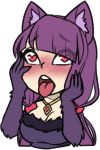  ahegao animal_ears bangs blunt_bangs blush breasts cleavage commentary eyebrows_visible_through_hair fingernails fur_trim hands_up heart heart-shaped_pupils jewelry large_breasts low_twintails luna_of_water manticore_(monster_girl_encyclopedia) monster_girl monster_girl_encyclopedia necklace nose_blush original paws purple_hair reri_(elh) solo symbol-shaped_pupils tongue tongue_out transparent_background twintails upper_body 