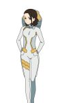  bodysuit brown_hair commentary curly_hair darling_in_the_franxx english_commentary feet_out_of_frame forehead gold_trim halfblood hands_on_hips looking_at_viewer naomi_(darling_in_the_franxx) parasite short_hair skinny slim_legs solo standing thigh_gap transparent_background white_bodysuit yellow_eyes 