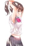  armpit_peek bow bowtie brown_eyes brown_hair closed_mouth collared_shirt commentary copyright_request eyebrows_visible_through_hair from_side grey_skirt hair_tie hands_up looking_at_viewer midriff navel pink_neckwear pleated_skirt ponytail profile shirt short_hair short_sleeves sibyl simple_background skirt solo tying_hair white_background white_shirt wing_collar 