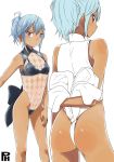  1girl ass blue_hair dark_skin female from_behind looking_back multiple_views partially_colored ponytail purple_eyes satsuyo see-through simple_background solo white_background 