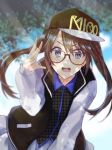  ayu_miko baseball_cap black_hair black_shirt blue_eyes blurry commentary_request depth_of_field glasses hat idolmaster idolmaster_shiny_colors jacket light_rays long_hair looking_at_viewer miniskirt mitsumine_yuika open_mouth shirt skirt smile solo sunlight twintails 