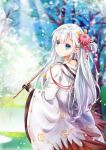 azur_lane bangs bare_tree black_gloves blue_eyes blue_sky blunt_bangs blurry blurry_background closed_mouth day eyebrows_visible_through_hair flower from_behind gloves hair_flower hair_ornament highres holding hood hood_down japanese_clothes kimono light_rays long_hair looking_at_viewer looking_back mutang nape open_mouth outdoors partly_fingerless_gloves petals pond shoukaku_(azur_lane) sidelocks silver_hair sky smile solo tassel tree wide_sleeves wind 