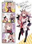  &gt;_&lt; 4koma alternate_costume blonde_hair brown_hair cagliostro_(granblue_fantasy) clarisse_(granblue_fantasy) colorized comic commentary_request crying gloves granblue_fantasy green_eyes highres hood hungry multiple_girls ponytail purple_eyes shaded_face shiina_kimagure skirt sparkle stomach_growling sweatdrop thighhighs tiara translated younger 