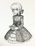  artoria_pendragon_(all) bangs closed_mouth dress eating fate_(series) food food_on_face greyscale hamburger highres holding holding_food long_sleeves looking_at_viewer mashimashi monochrome saber_alter short_hair solo traditional_media 
