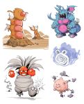  claws clefairy closed_mouth commentary creature digging diglett exeggutor explosion fangs floating fusion gastly gen_1_pokemon ghost grin gyarados highres hole_on_body horns koffing multiple_heads nidoking no_humans open_mouth pokemon pokemon_(creature) poliwhirl simple_background smile smoke spiral standing voltorb walking white_background zubat 