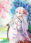 azur_lane bangs bare_tree black_gloves blue_eyes blue_sky blunt_bangs blurry blurry_background cherry_blossoms closed_mouth commentary_request day eyebrows_visible_through_hair flower from_behind gloves hair_flower hair_ornament highres holding hood hood_down japanese_clothes kimono long_hair looking_at_viewer looking_back mutang nape open_mouth outdoors partly_fingerless_gloves petals pond shoukaku_(azur_lane) sidelocks silver_hair sky smile solo tassel tree wide_sleeves wind 