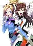  blonde_hair blue_eyes blush bodysuit breasts brown_eyes brown_hair clash_kuro_neko commentary_request cosplay costume_switch d.va_(overwatch) d.va_(overwatch)_(cosplay) facial_mark headphones highres hug hug_from_behind long_hair mechanical_halo mechanical_wings medium_breasts mercy_(overwatch) mercy_(overwatch)_(cosplay) multiple_girls one_eye_closed overwatch pilot_suit waist_hug whisker_markings wings 