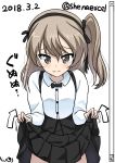  absurdres bangs black_neckwear black_ribbon black_skirt bow bowtie brown_eyes casual closed_mouth collared_shirt commentary cowboy_shot dated directional_arrow excel_(shena) eyebrows_visible_through_hair frown gameplay_mechanics girls_und_panzer hair_ribbon high-waist_skirt highres layered_skirt lifted_by_self light_brown_hair logo long_hair long_sleeves looking_at_viewer medium_skirt pointer ribbon scroll shimada_arisu shirt side_ponytail signature skirt skirt_lift solo standing suspender_skirt suspenders tearing_up translated twitter_username white_shirt 