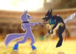  2018 anthro blood canine clothing coliseum collar digital_drawing_(artwork) digital_media_(artwork) duo female fight fur hair holding_object holding_weapon leg_warmers legwear mace mammal melee_weapon open_mouth plushkinn polearm sharp_teeth smile snuff standing tears teeth weapon wounded yandere 