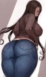  ass blush breasts brown_hair c.cu commentary_request curvy denim eyebrows_visible_through_hair from_behind from_below highres jeans large_breasts long_hair looking_back midriff original pants pantylines plump ribbed_sweater skin_tight sweatdrop sweater thick_thighs thighs 