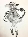  bangs boots bow full_body greyscale hat hat_bow highres holding holding_knife knees_together_feet_apart knife komeiji_koishi long_sleeves looking_at_viewer mashimashi monochrome short_hair skirt solo standing third_eye touhou traditional_media 